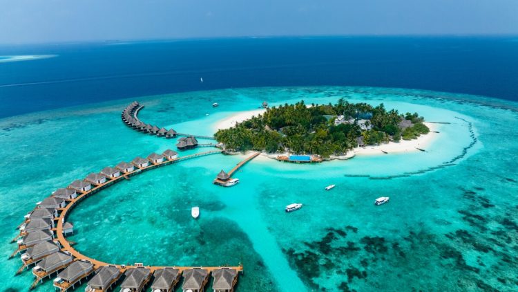 Aerial View, Maldives, North Malé Atoll, Indian Ocean, Thulhagiri Island Resort with Water Bungalows