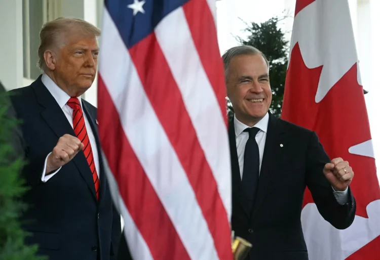 US President Donald Trump greets Canadian Prime Minister Mark Carney