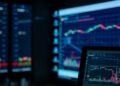 Trading floor with government bond market screens and financial data displays