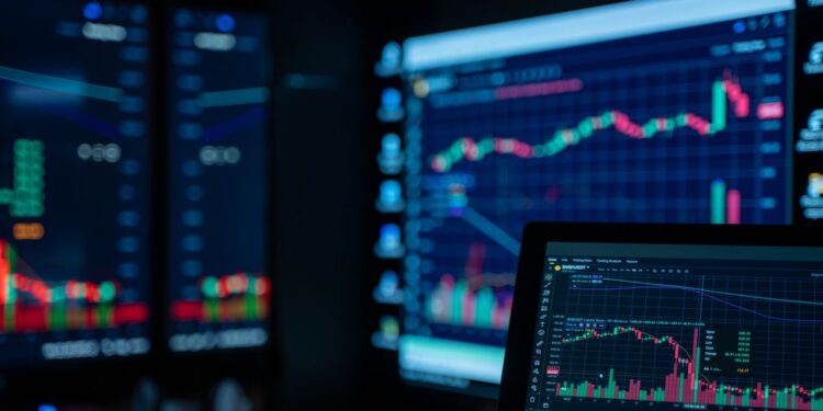 Trading floor with government bond market screens and financial data displays