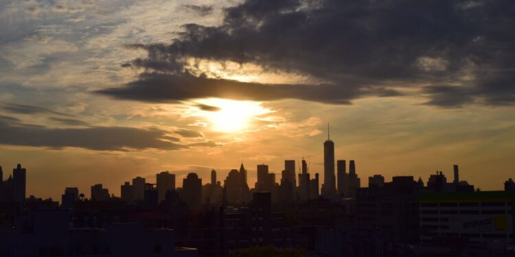 Manhattan financial district skyline viewed across water